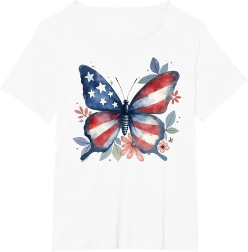 Butterfly Floral American Flag USA 4th Of July T-Shirt