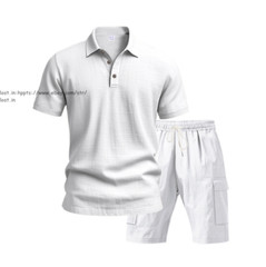 Men 2 Pcs Outfits Casual Linen blend Shirt + Shorts Set Summer Short sleeve Sets