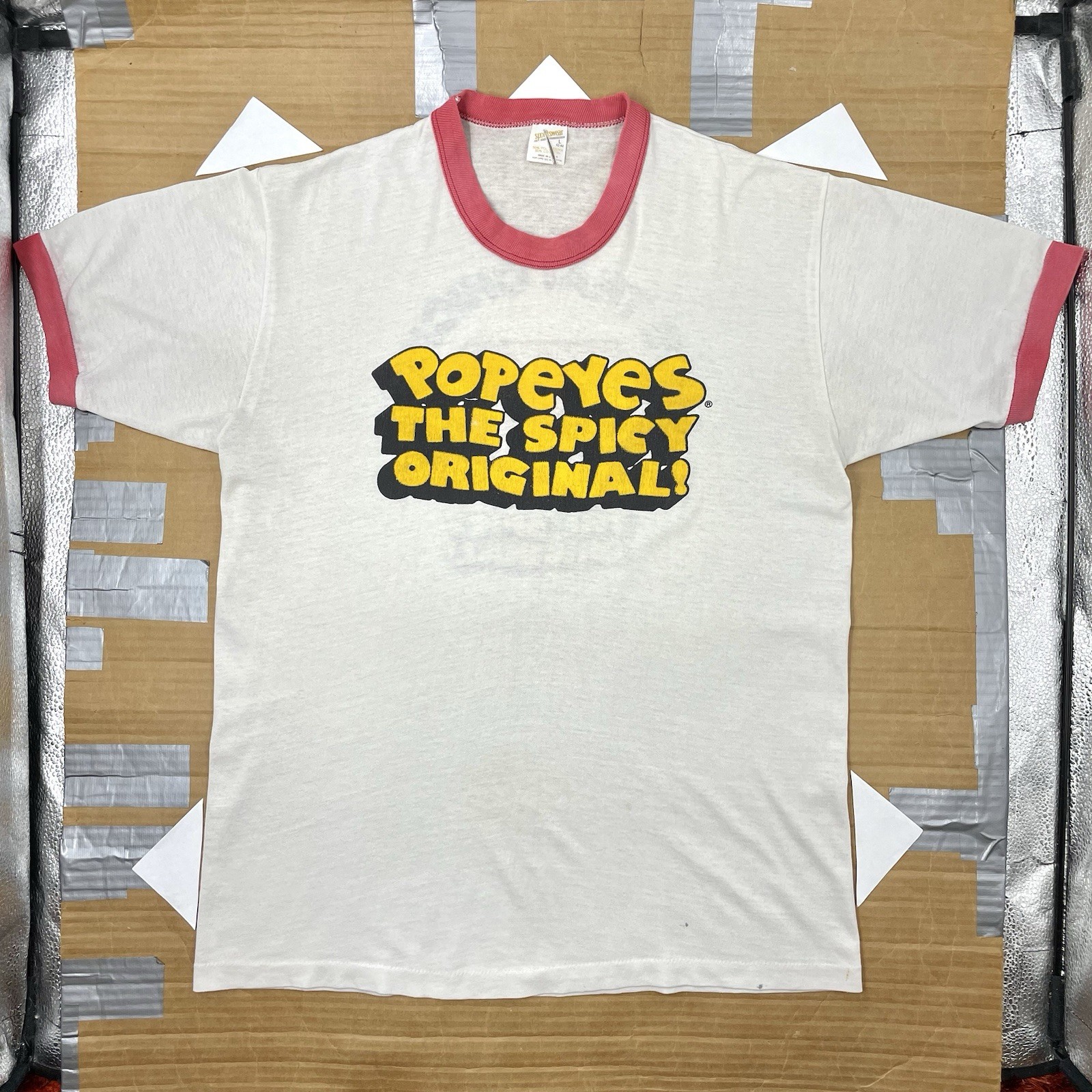 VTG 80s Popeye’s Chicken 19.75” x 27” Fast Food Promo T Shirt gallery