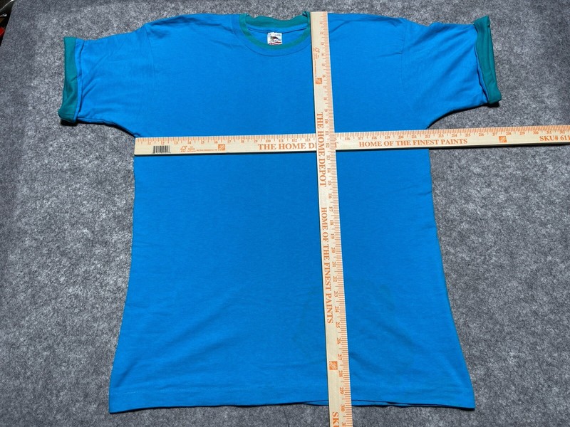 Vtg DISTRESSED Blue Single Stitch 1990's Shirt sleeve cuff collar Blank L Skate gallery