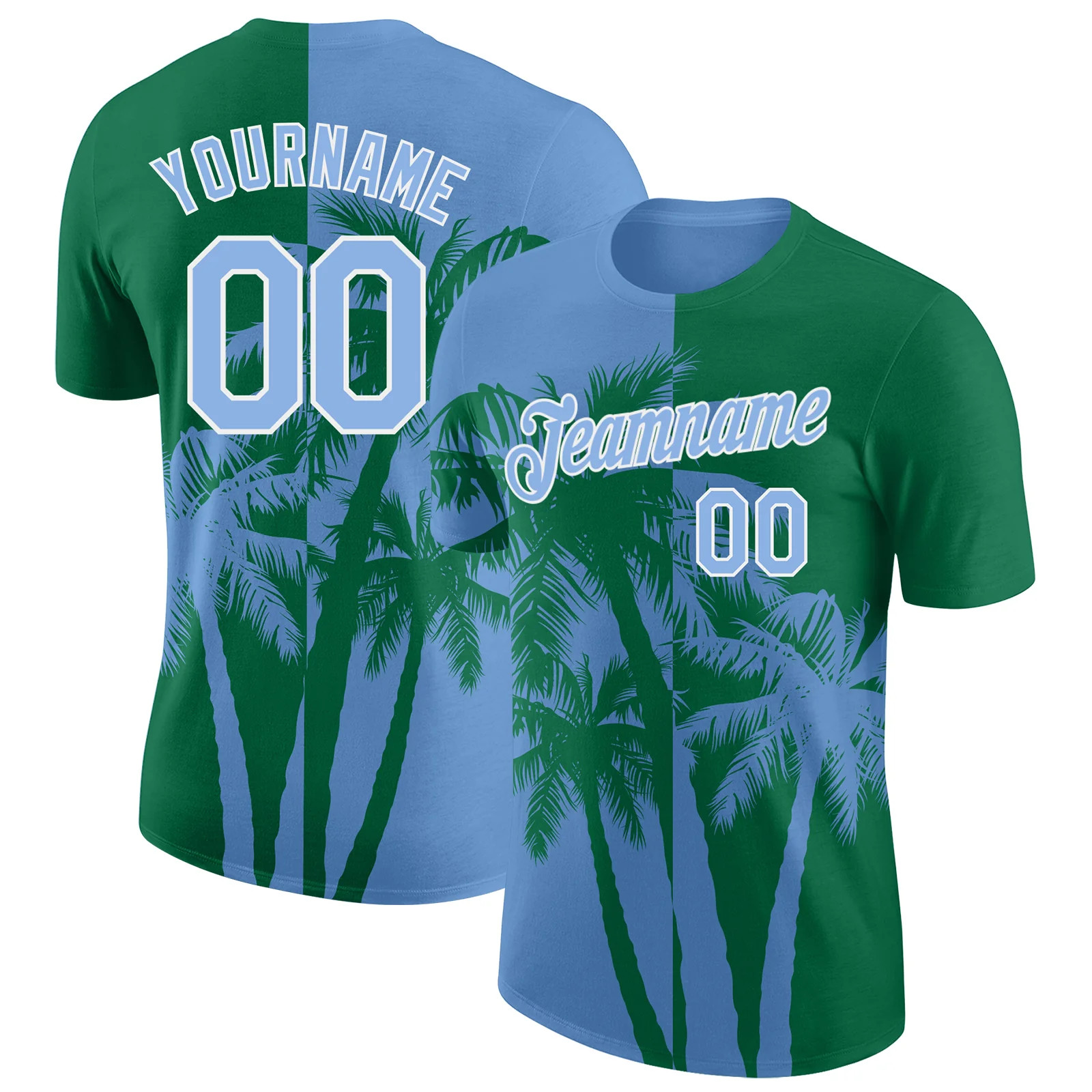 Custom Kelly Green Light Blue White Hawaii Palm Tree T-Shirt Tropical Summer