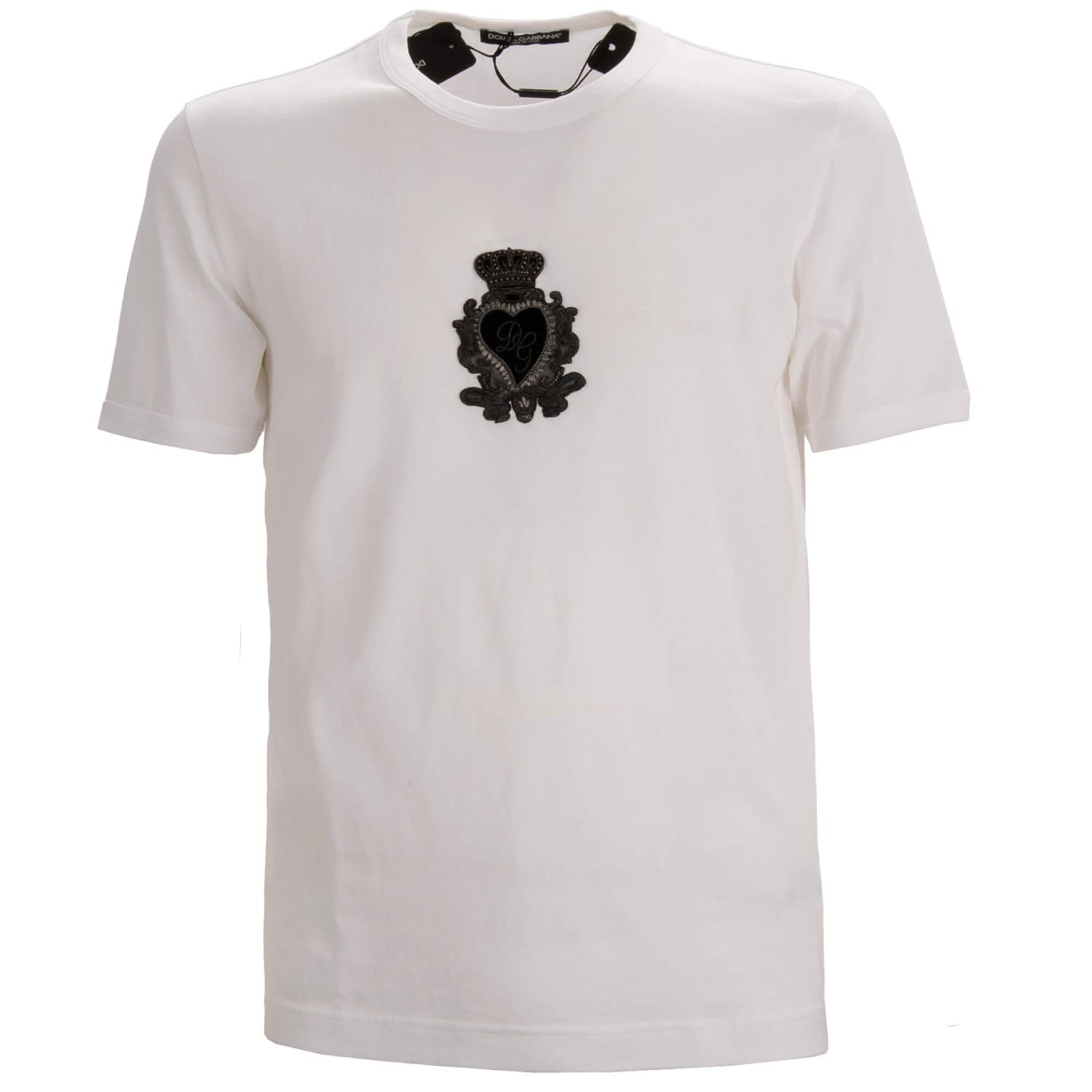 DOLCE & GABBANA DG Logo Baroque Pearl Black Crown Heart Cotton T-Shirt White