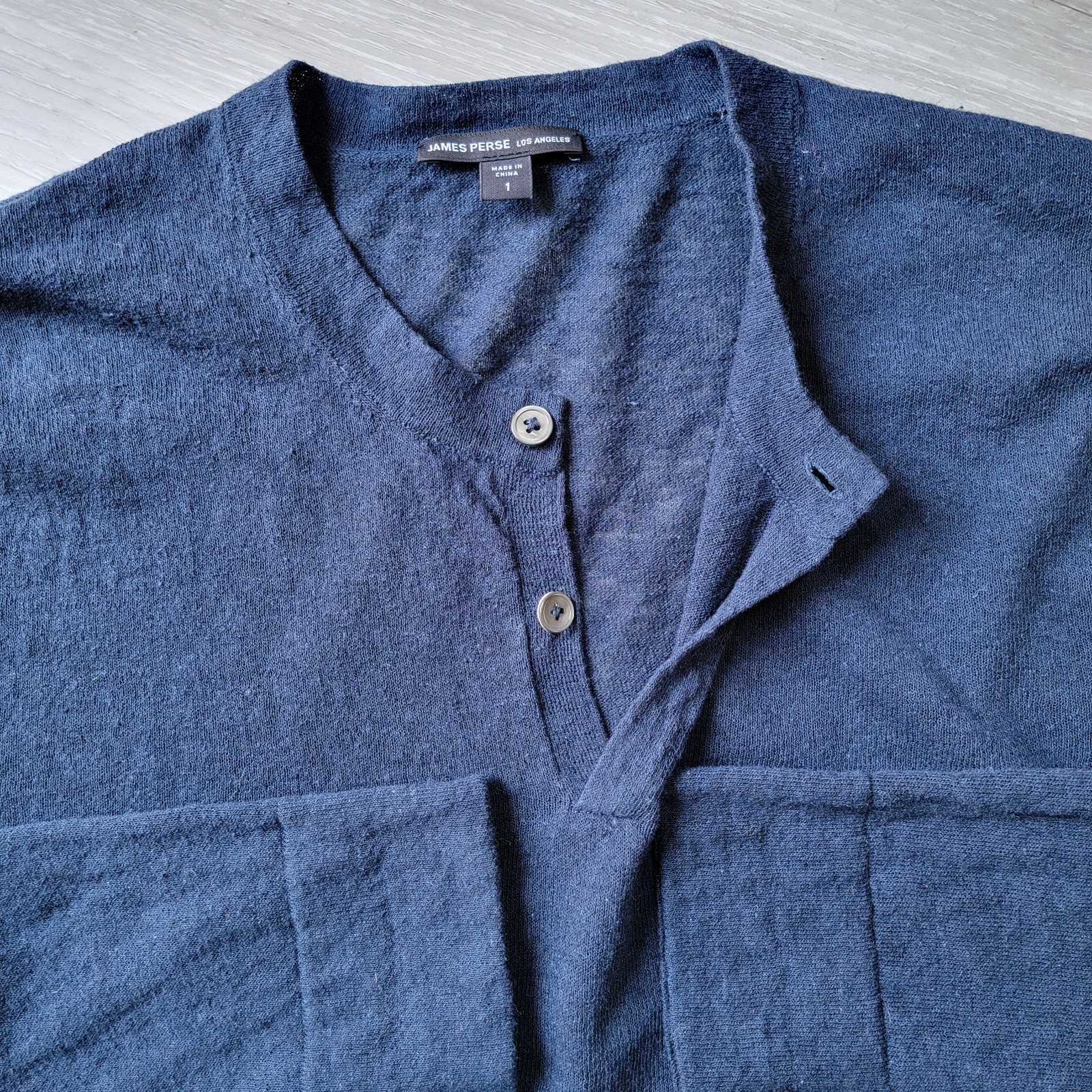 James Perse Shirt Men's 1 Small Navy Blue Linen Blend Long Sleeve Henley Preppy gallery