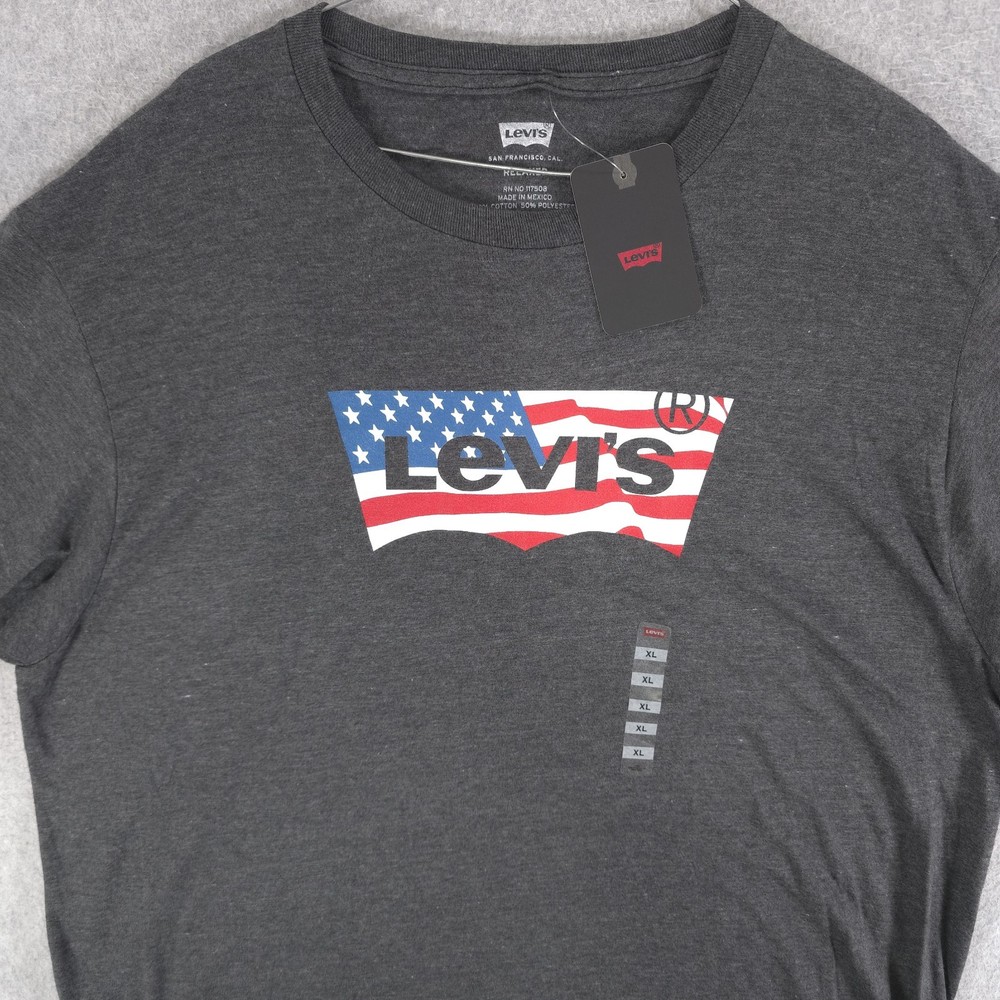 Levis Relaxed Gray Cotton Blend Crew USA Patriotic Flag Logo T-Shirt Mens XL