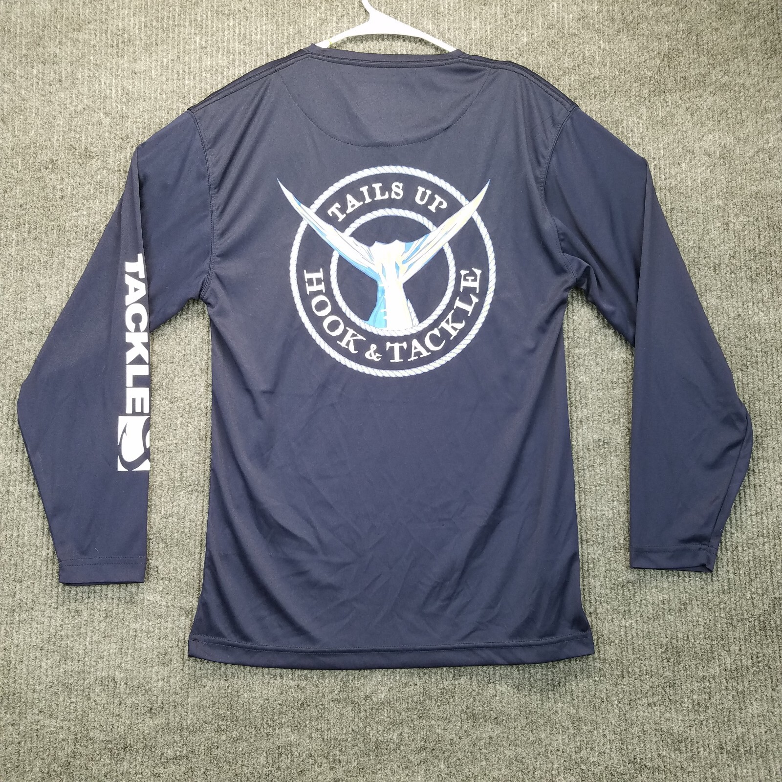 Hook & Tackle Shirt Mens Small Blue Long Sleeve Crew Neck Back & Arm Hit Fishing gallery