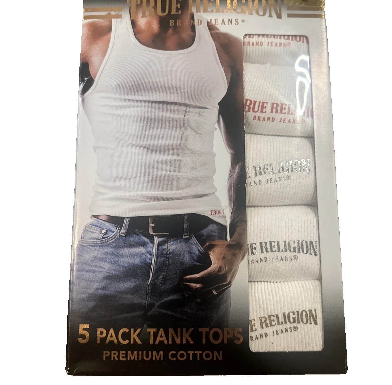 True Religion Tank Tops Men’s Small 5-Pack Premium Cotton NIB WHITE W/LOGO gallery