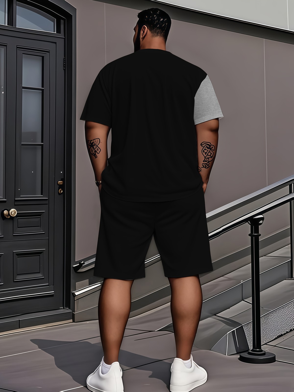 Geometric Color Block Letter Print Short-sleeve Short Set, Men's Home Casual Out gallery