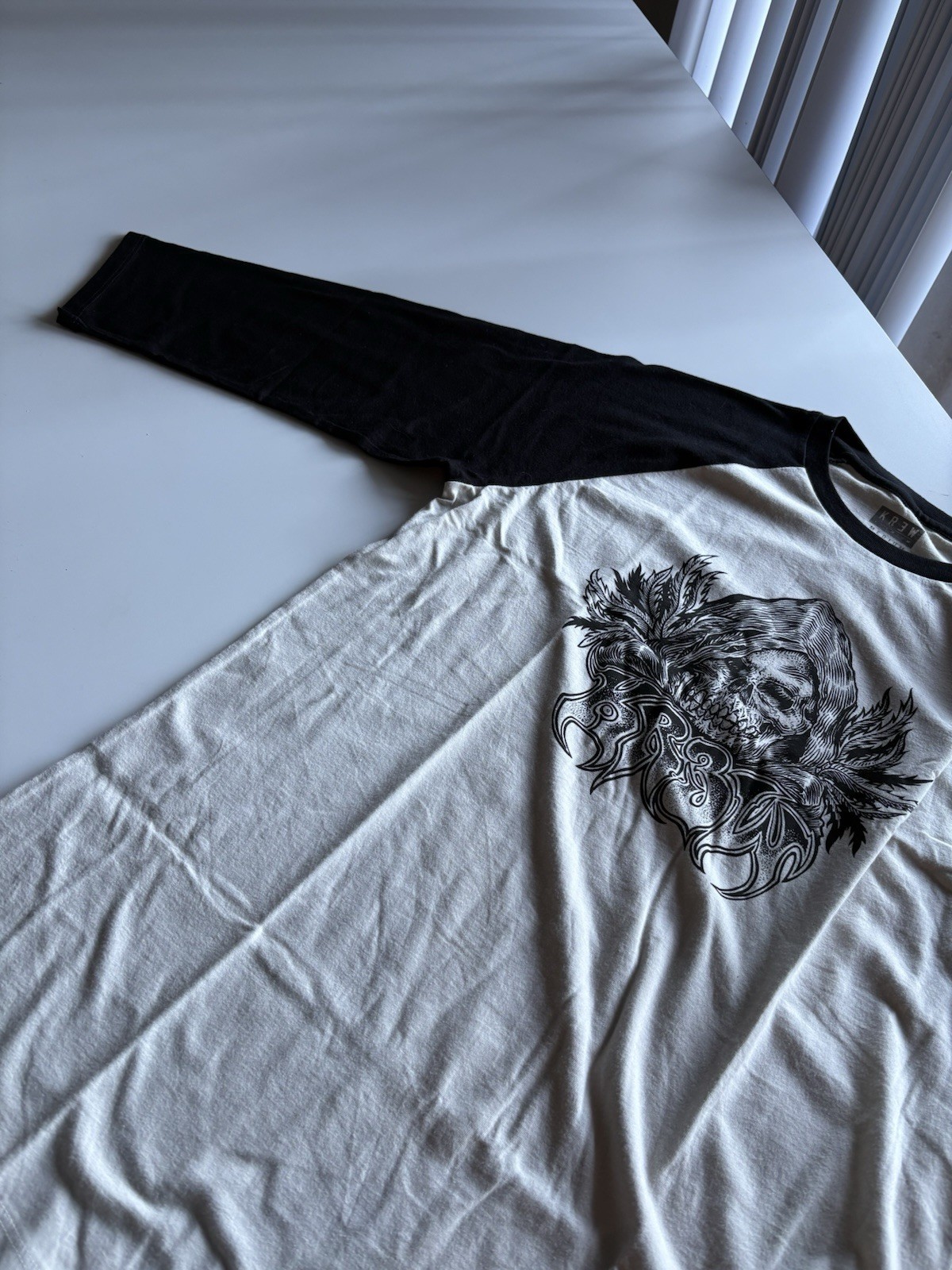 KR3W Grim Reaper Raglan T-Shirt Men’s Medium Black White 3/4 Sleeve Skate Punk gallery