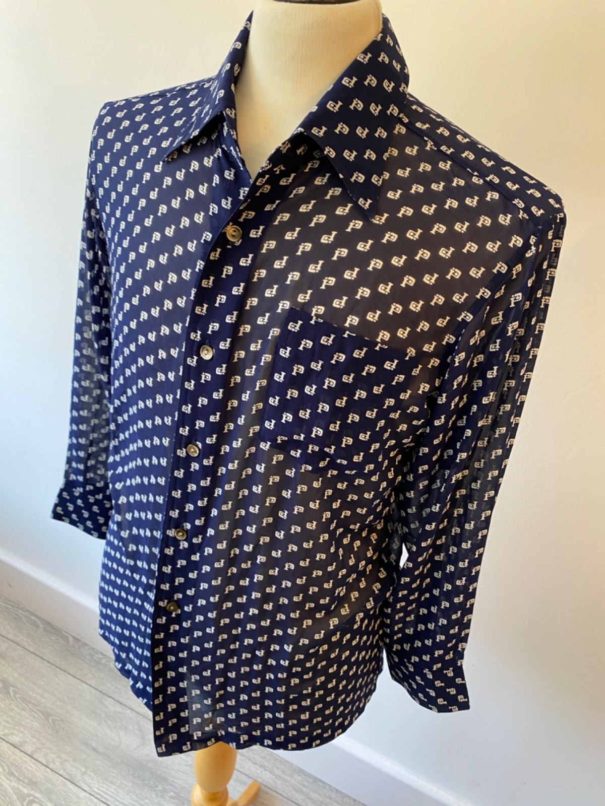 HUNTER mens 1970's HISHIYA NAVY SOFT SEMI-SHEER RETRO LONG SLEEVE SHIRT M 40" gallery