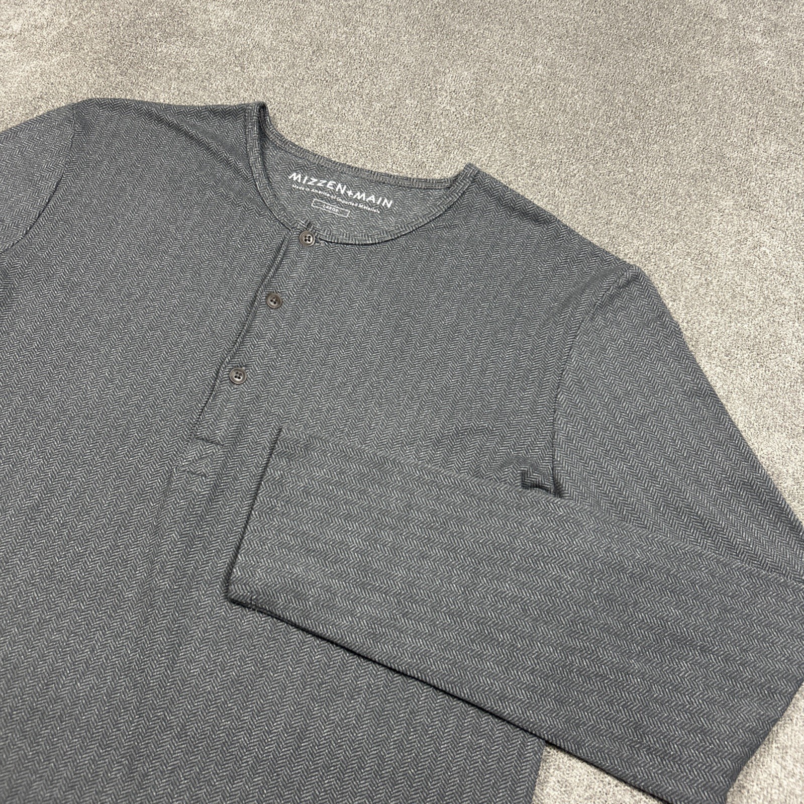 Mizzen Main Henley Mens L Shirt Long Sleeve Herringbone Stretch Gray Made In USA
