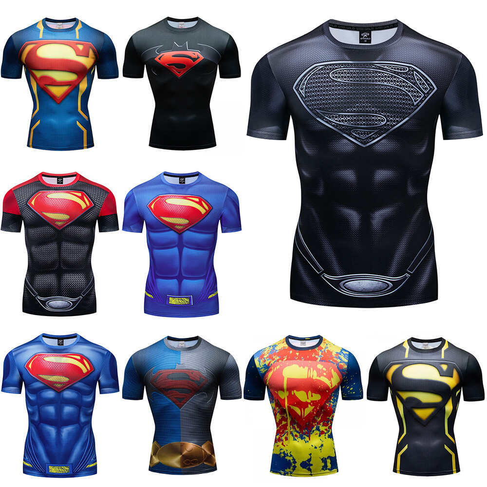 Men’s T-shirts Superman Superhero Compression Tights Tops Short Sleeve Tee Gym