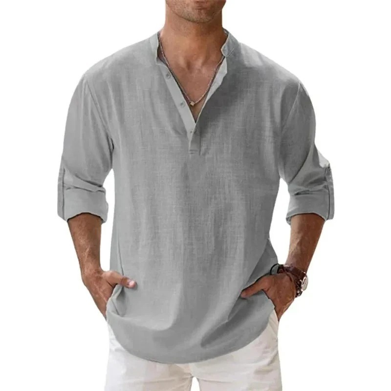Men's Cotton Linen Henley Long Sleeve Shirt Casual Beach T-shirt Tee Summer Gift gallery