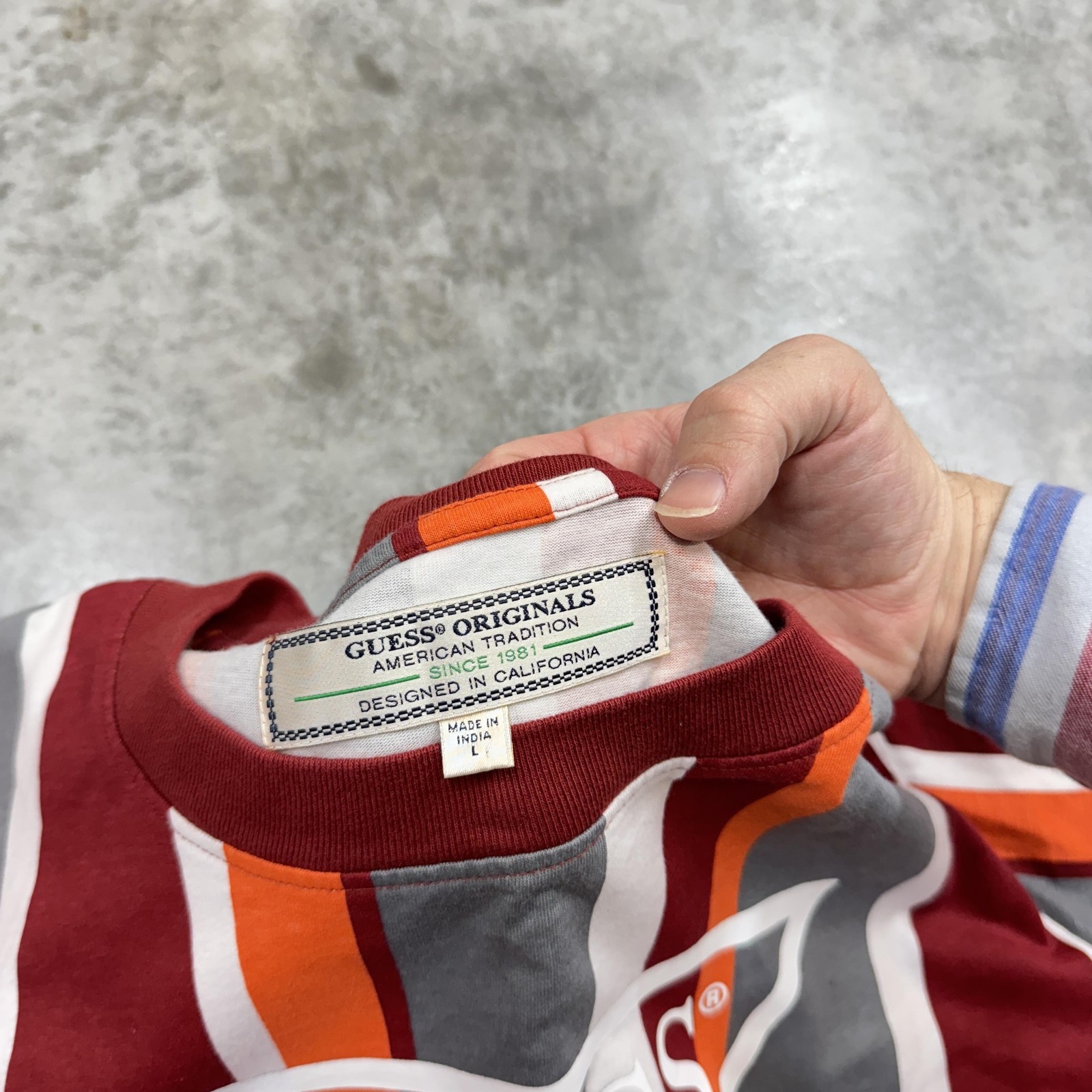 Guess Originals Shirt Mens Large Red Gray Orange White Stripe Triangle Graphic gallery
