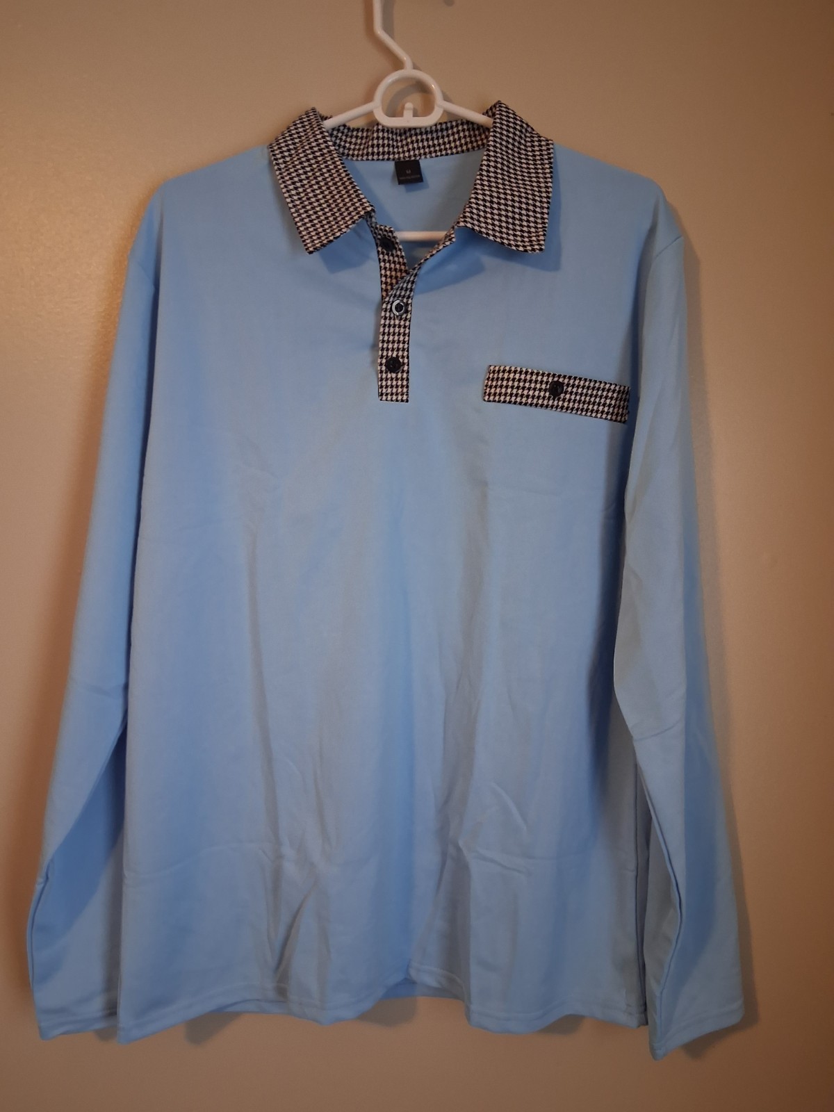 New Men Light Blue Long M Sleeve Shirt Contrast Collar Polyester Trim Casual gallery