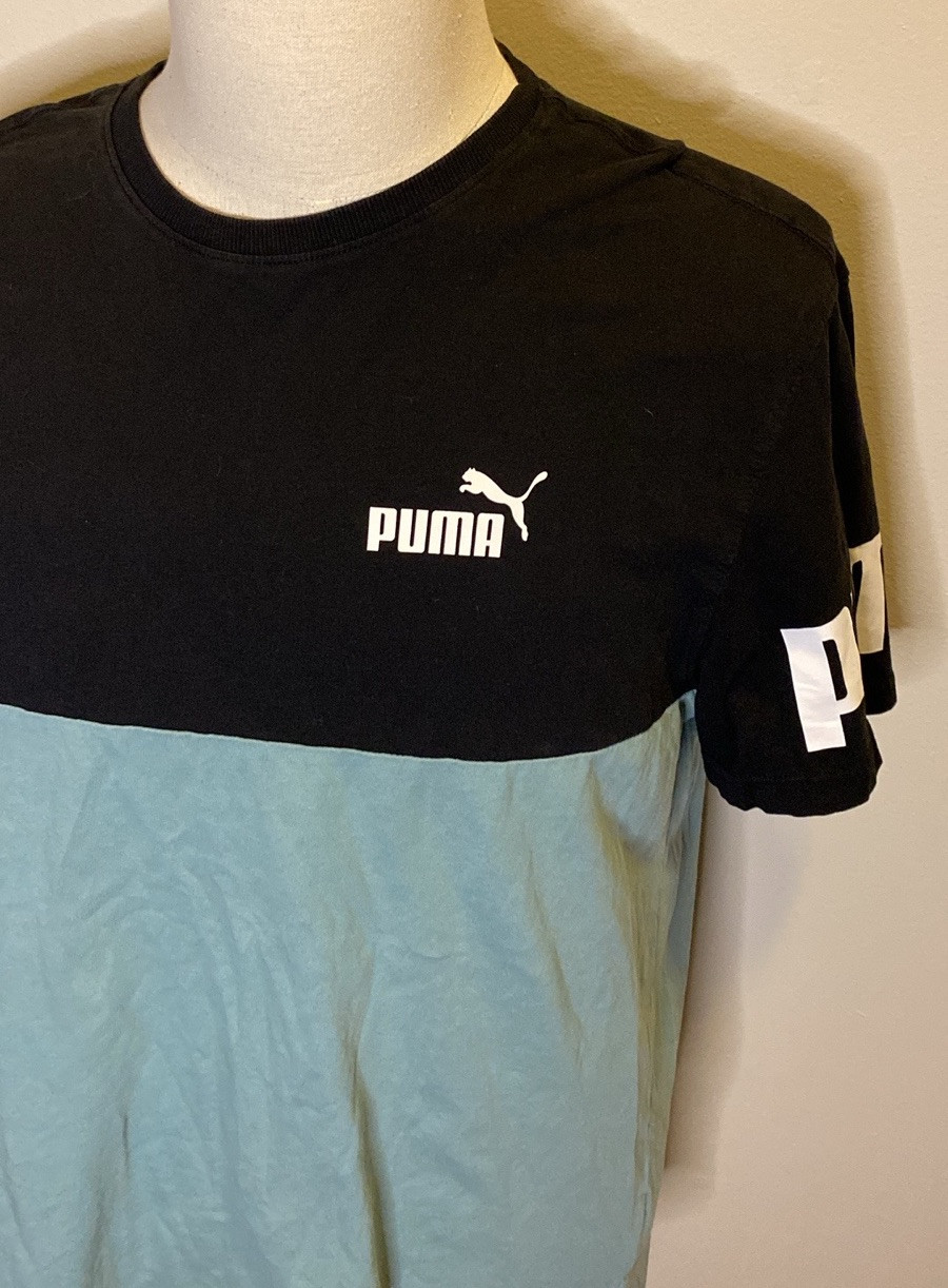 Puma Blue and Black Colorblocked Logo Athletic T-Shirt (sz L) gallery