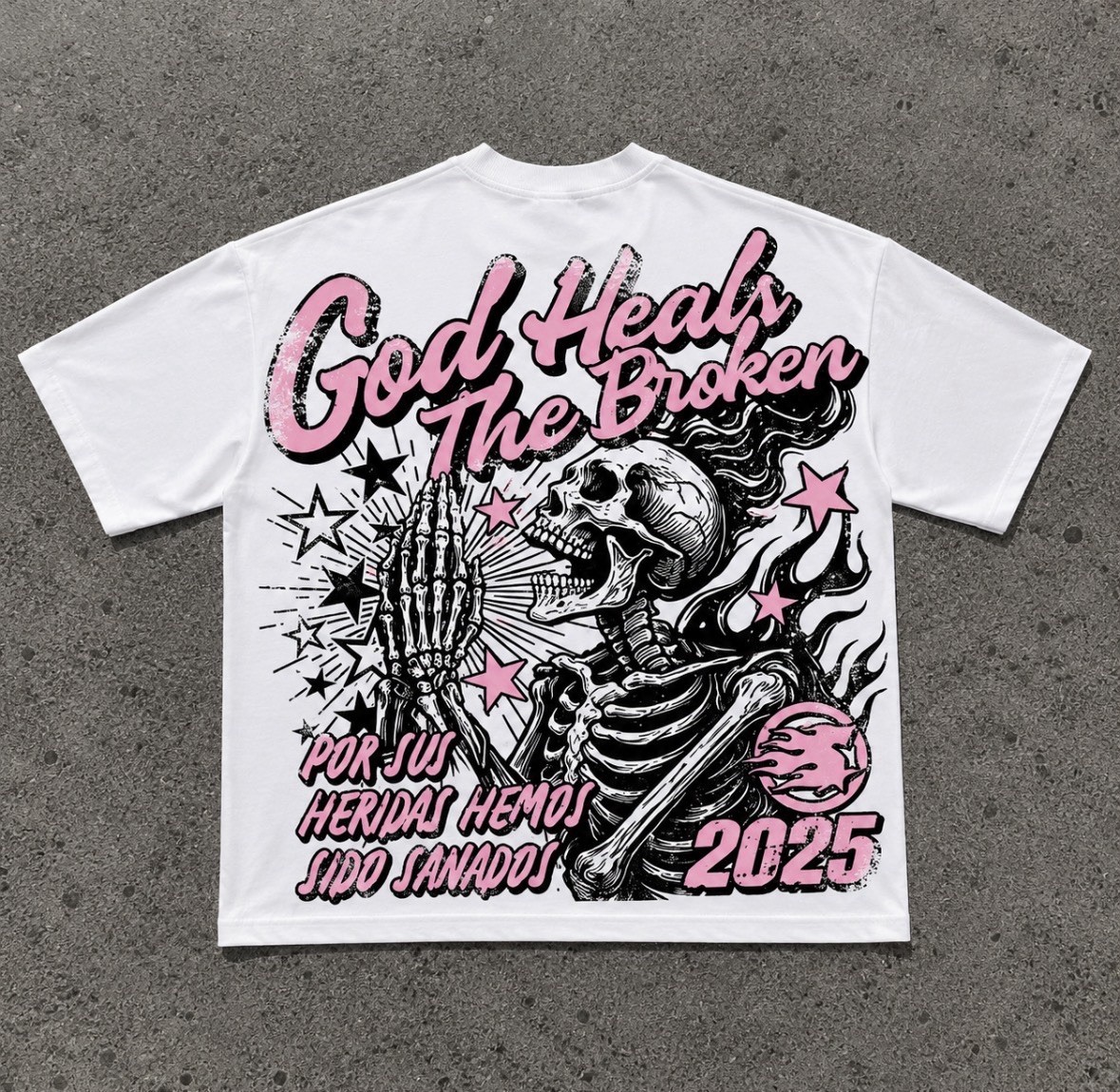 God Heals The Broken Skeleton Graphic T-Shirt Men’s Y2K Streetwear Pink Tee