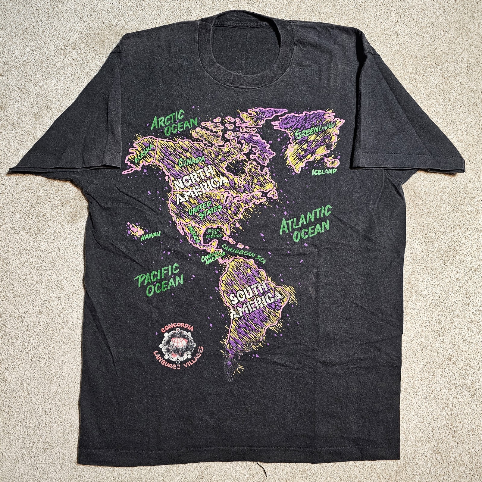 Vintage 90s World Map Camp T-Shirt Mens L Black Double Sided Neon Rave Single S