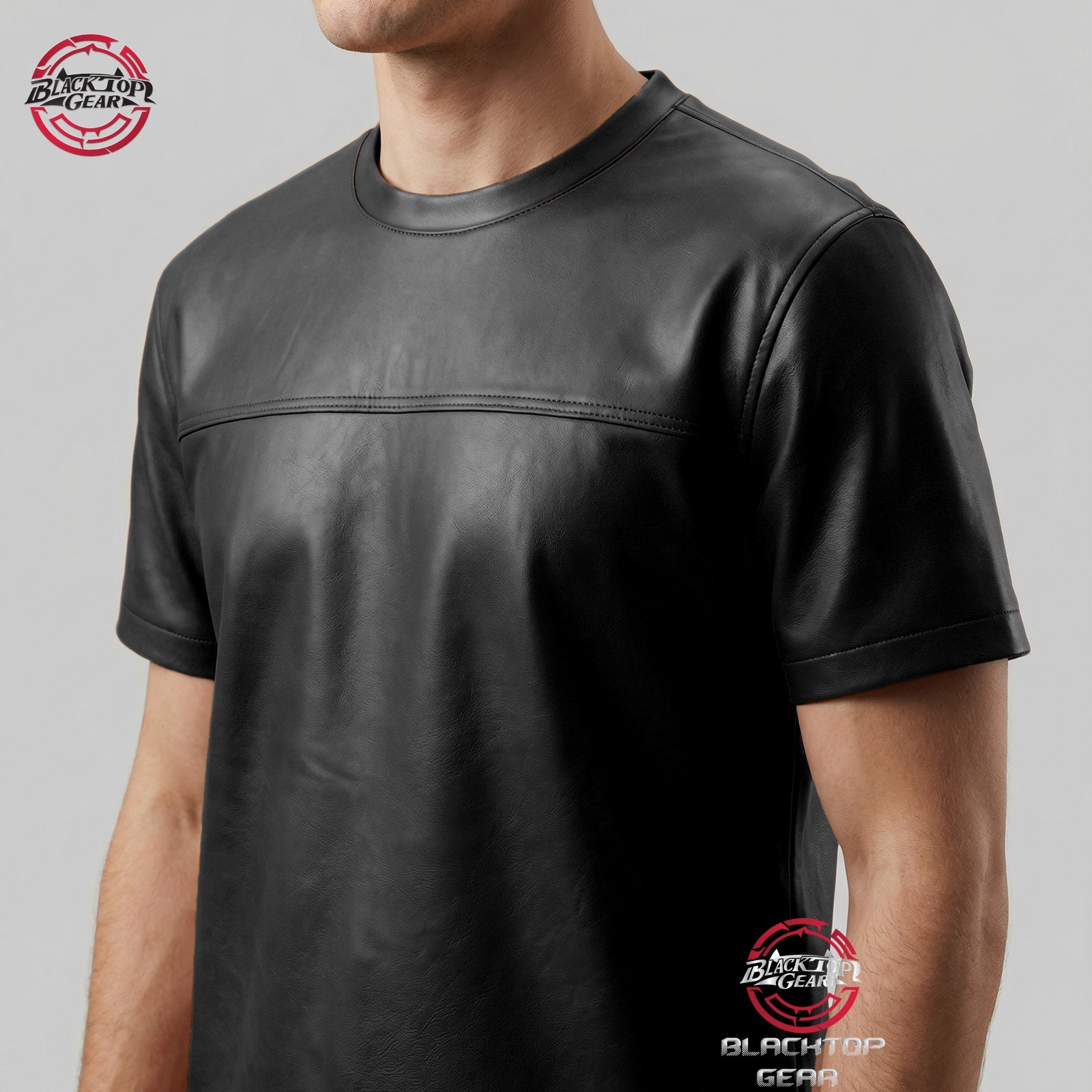 Men’s Genuine Lambskin Leather T-Shirt Black White Classic Leather Tee All sizes gallery