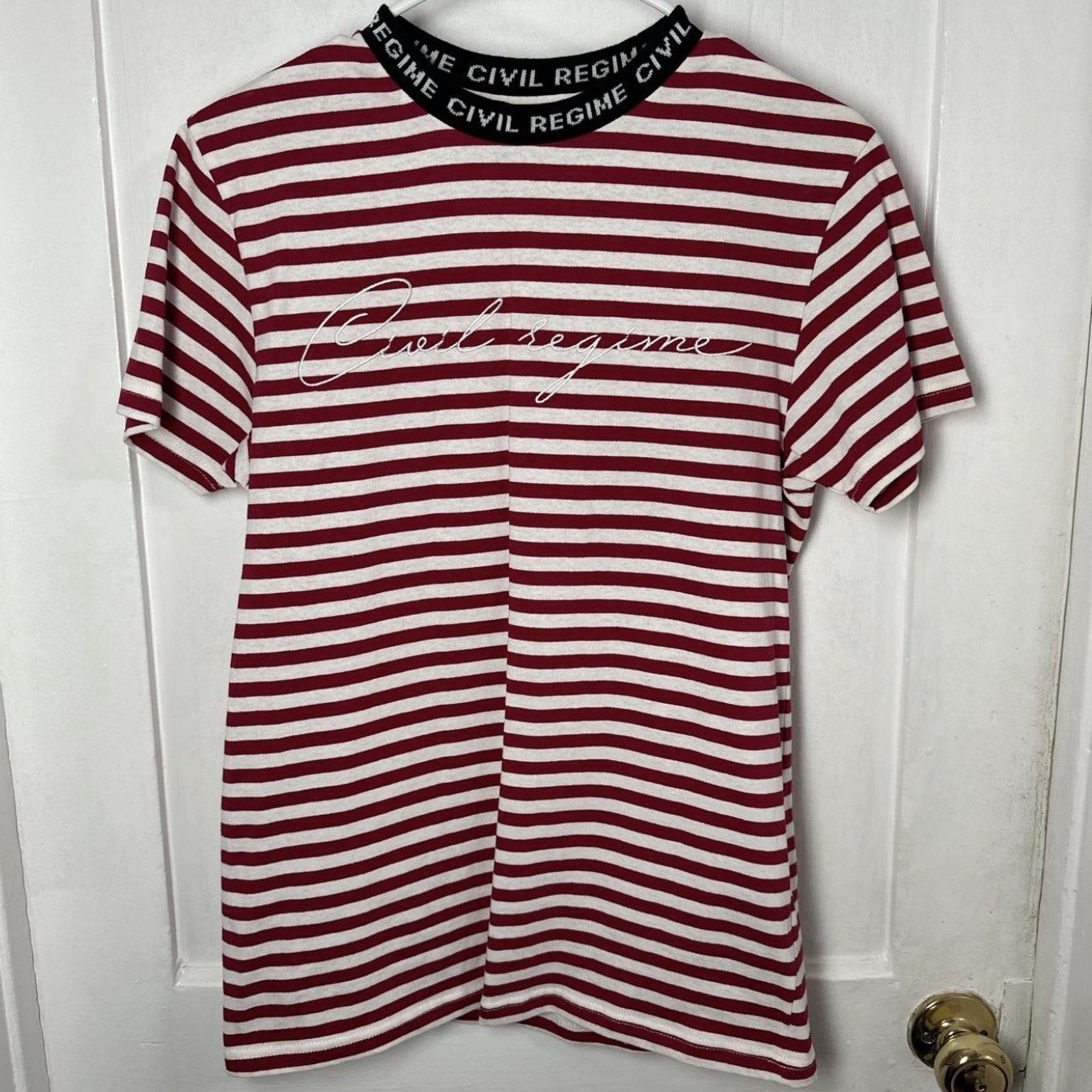 Civil Regime Men’s S Red/White Striped Logo Crew Neck Short Sleeve T-Shirt gallery