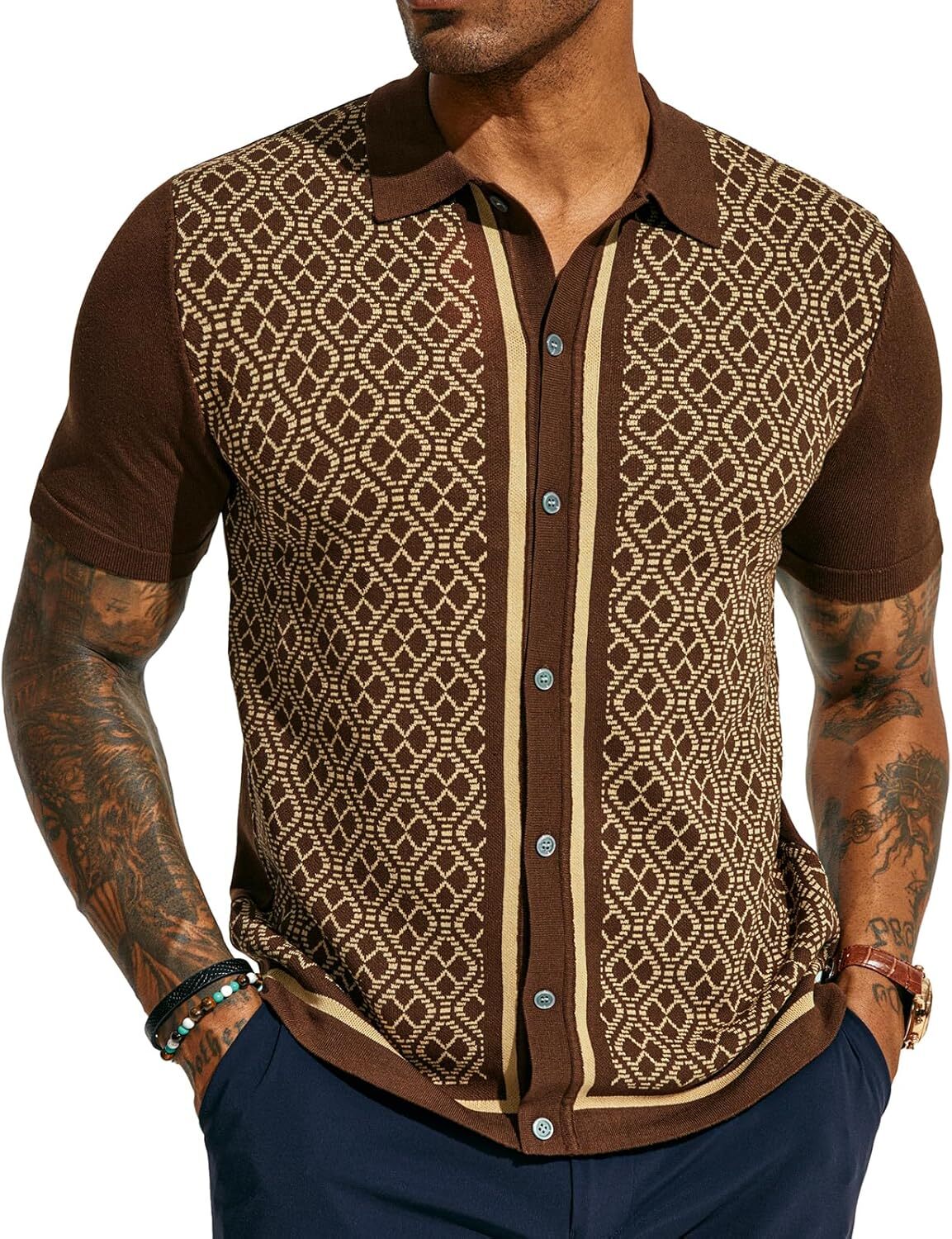 Men's Vintage Knitted Polo Shirt 70s Style Contrast Color Short Sleeve Casual gallery
