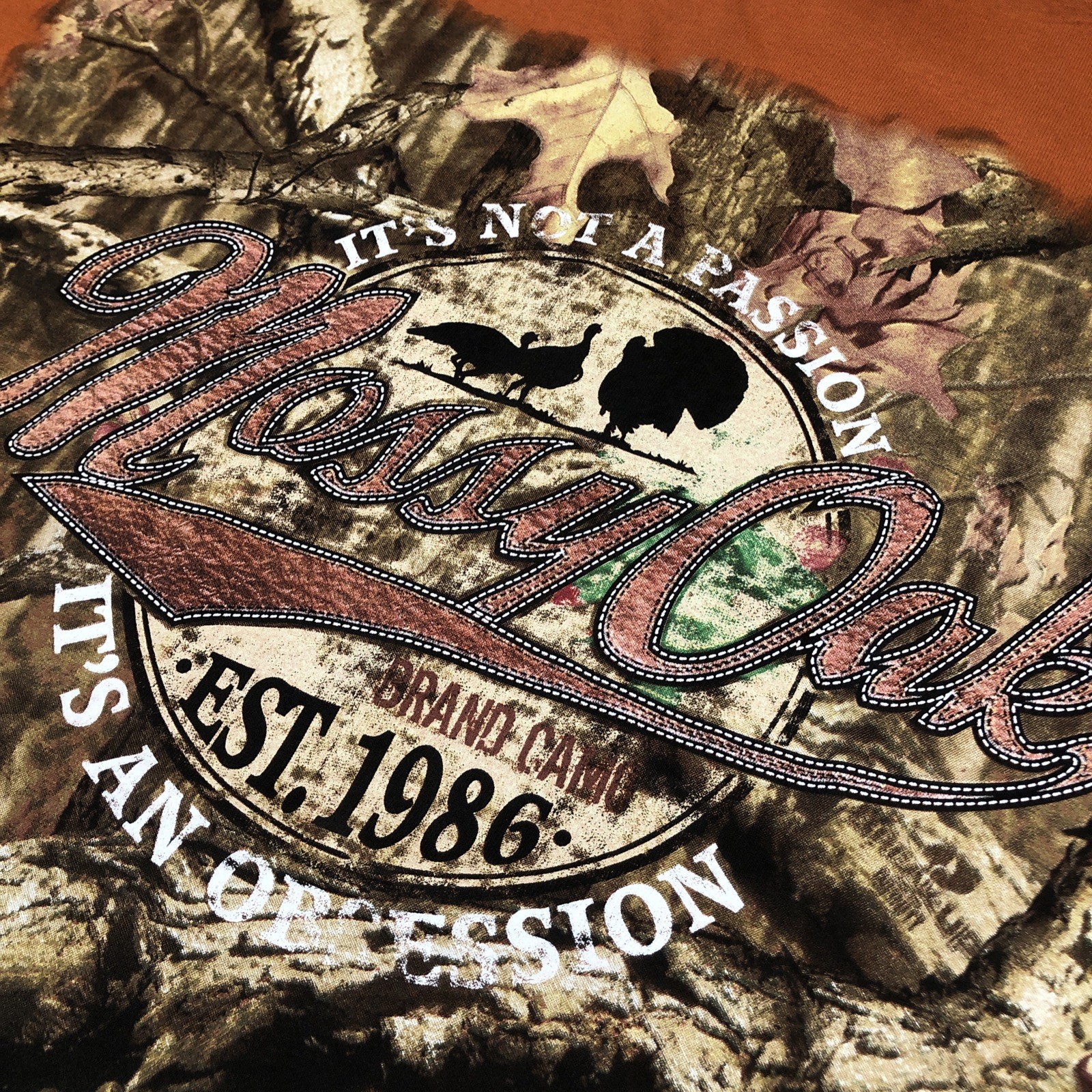 Mossy Oak Camo Design Burnt Orange T-Shirt Size L 3D Logo Spellout NWT Fall gallery
