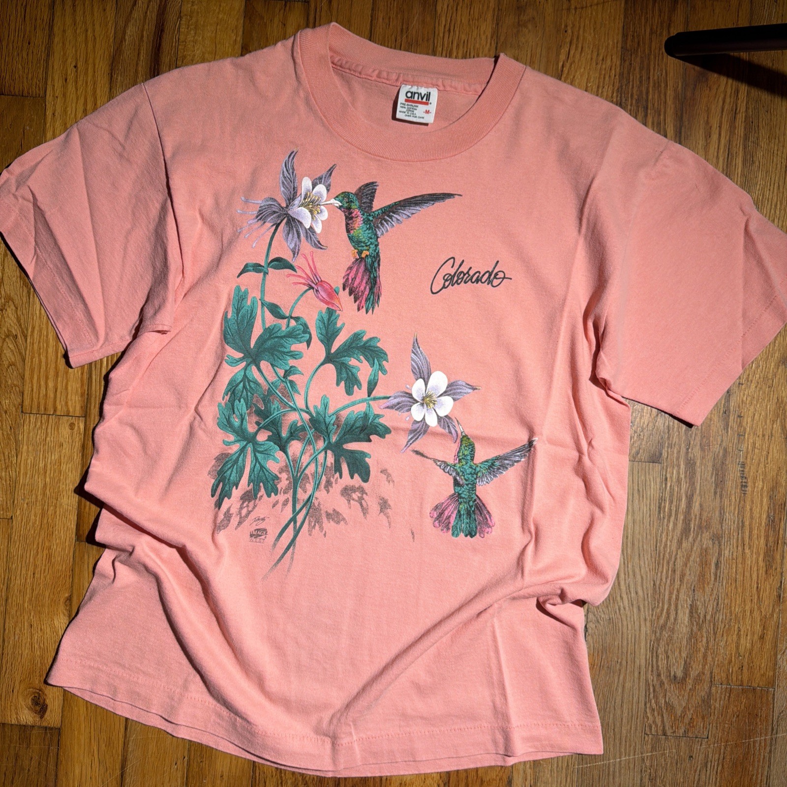 Vintage Hummingbird Bird Nature Flowers Art Shirt Medium Colorado USA 90's gallery