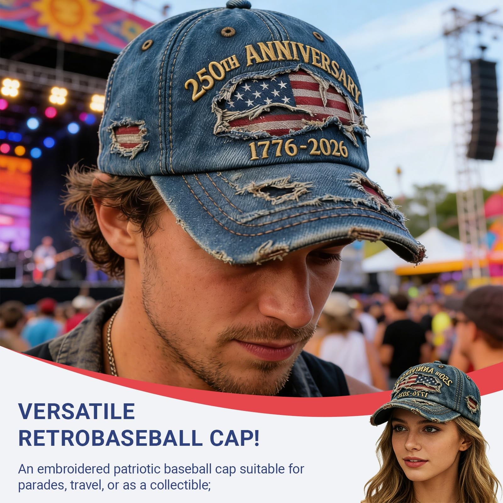 250 Anniversary USA Hat - Retro Embroidered America 250 Hat, Patriotic Adjust... gallery