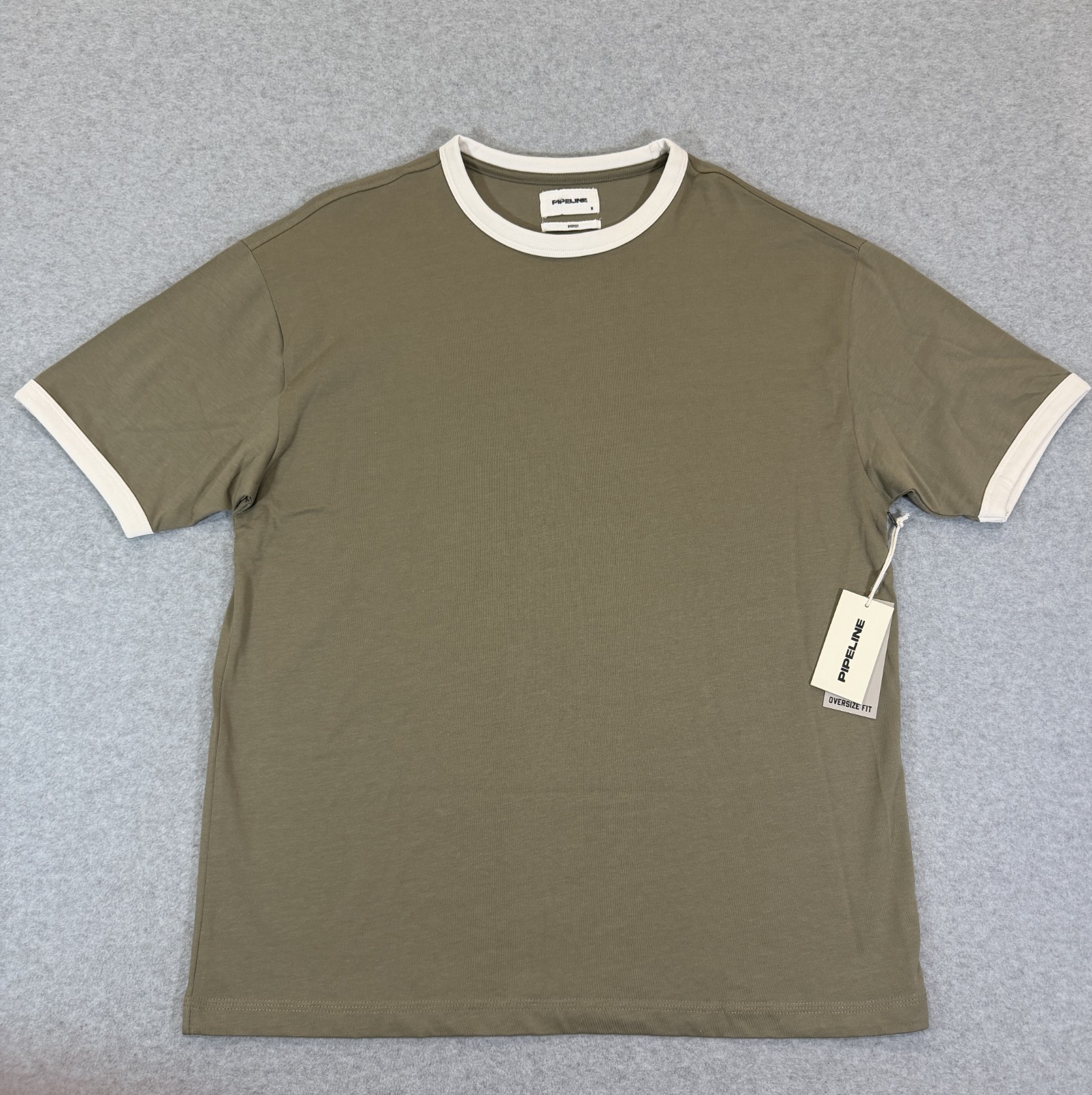 Pipeline Mens Ringer T-Shirt M Silver Sage Green Oversize Fit 100% Cotton NWT gallery