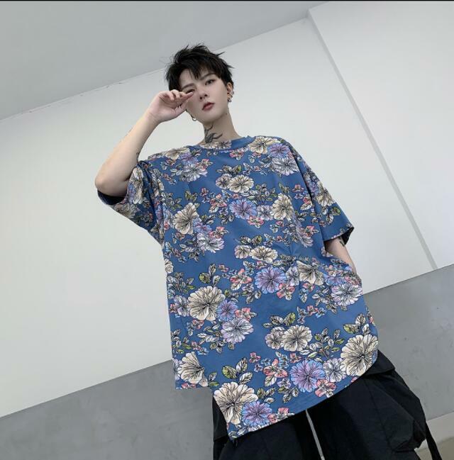 Mens Youth Casual Fashion Floral Short Sleeves Loose Irregular T-Shirt Tee Top gallery