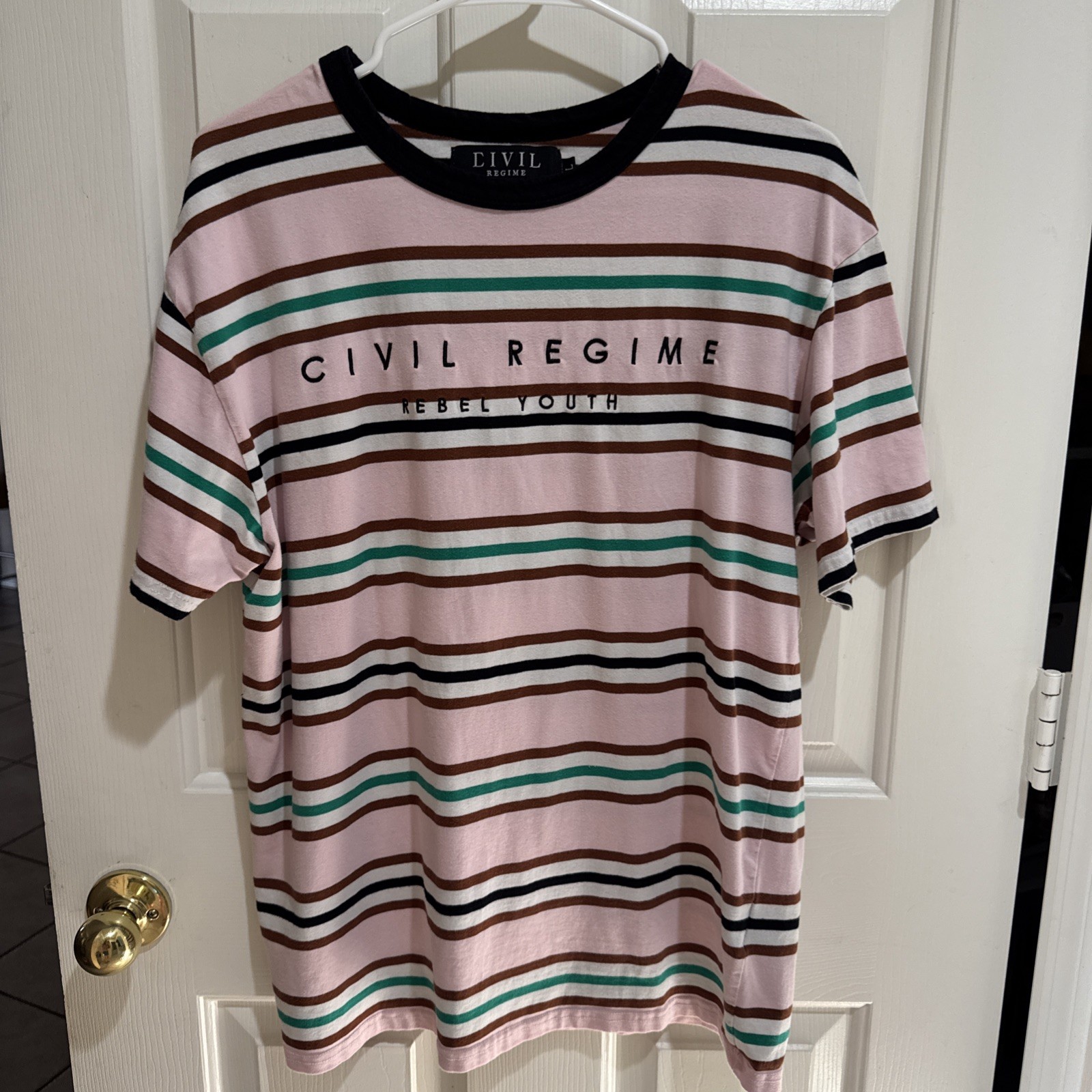 Civil Regime Striped T-Shirt Pink Men’s Sz LG Trendy Crew Neck Streetwear EUC gallery