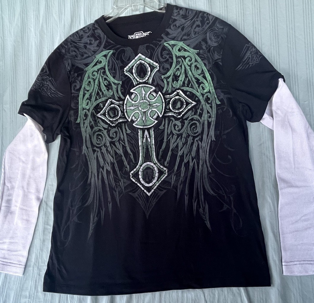 MMA Elite T Shirt Mens XL Black Layered Thermal LS Green Cross With Wings gallery