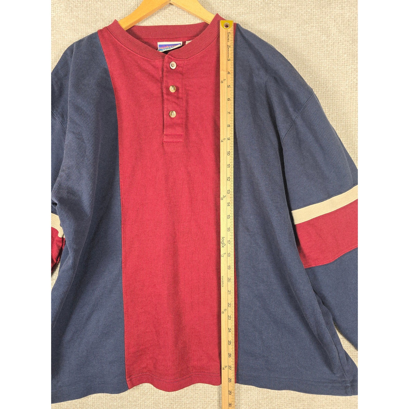 VTG North Crest Mens XL Henley Shirt Colorblock Ribbed Navy Burgundy Long Sleeve gallery
