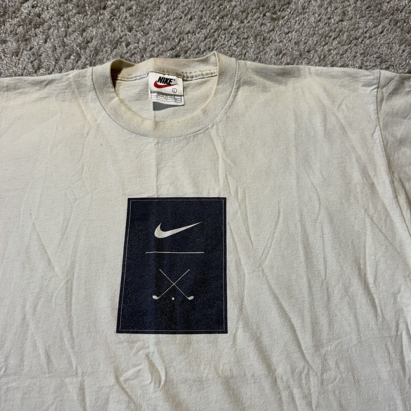 90s Vintage Nike Golf Swoosh Tee Large White Cream Tiger Woods Made USA Cotton gallery