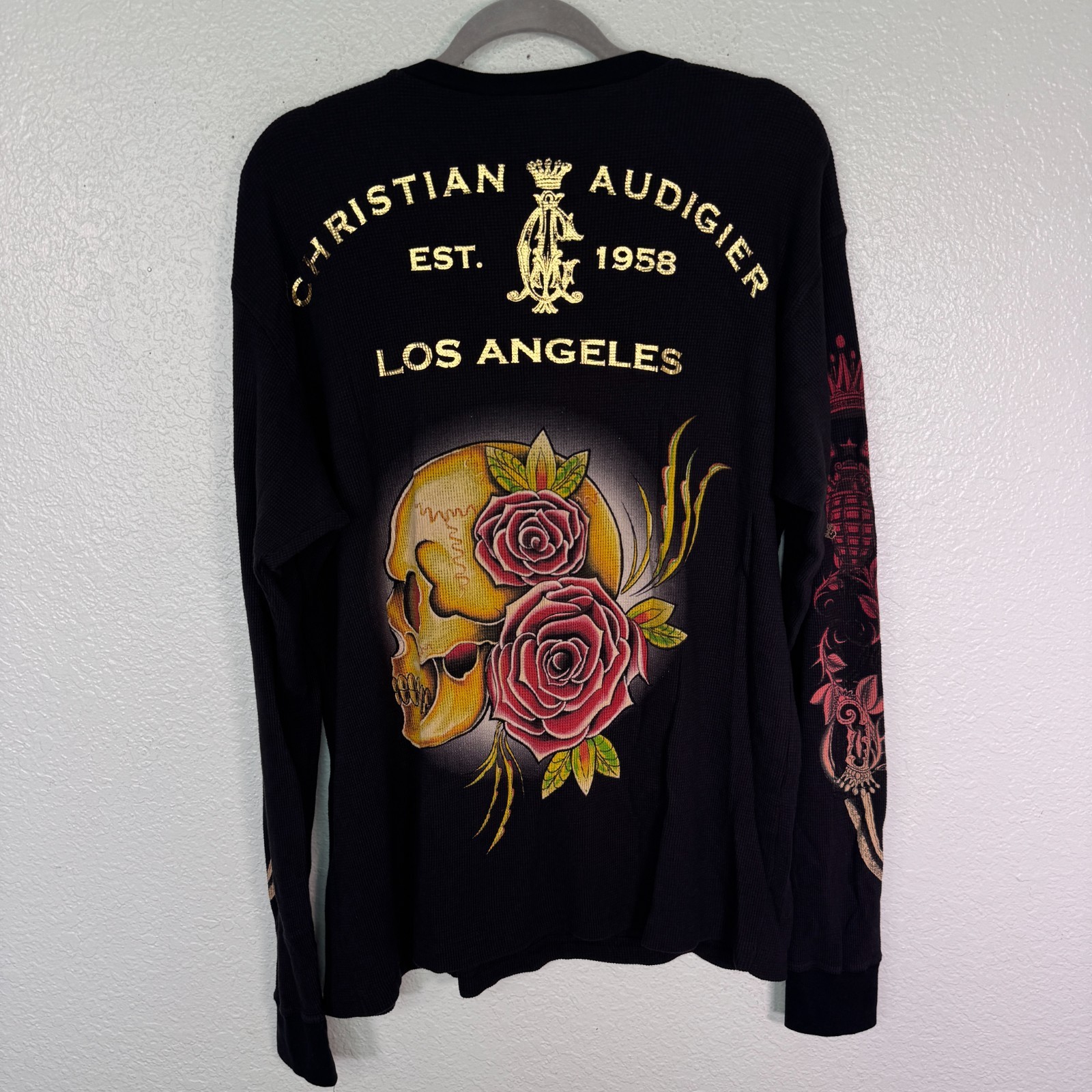 Christian Audigier Thermal Shirt Mens Large Skull Snake Eagle Battle Y2K Tattoo gallery