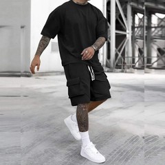 2 Pack Men’s Cargo Pants & T Shirt Set Multi Pocket Casual Athletic Outfit