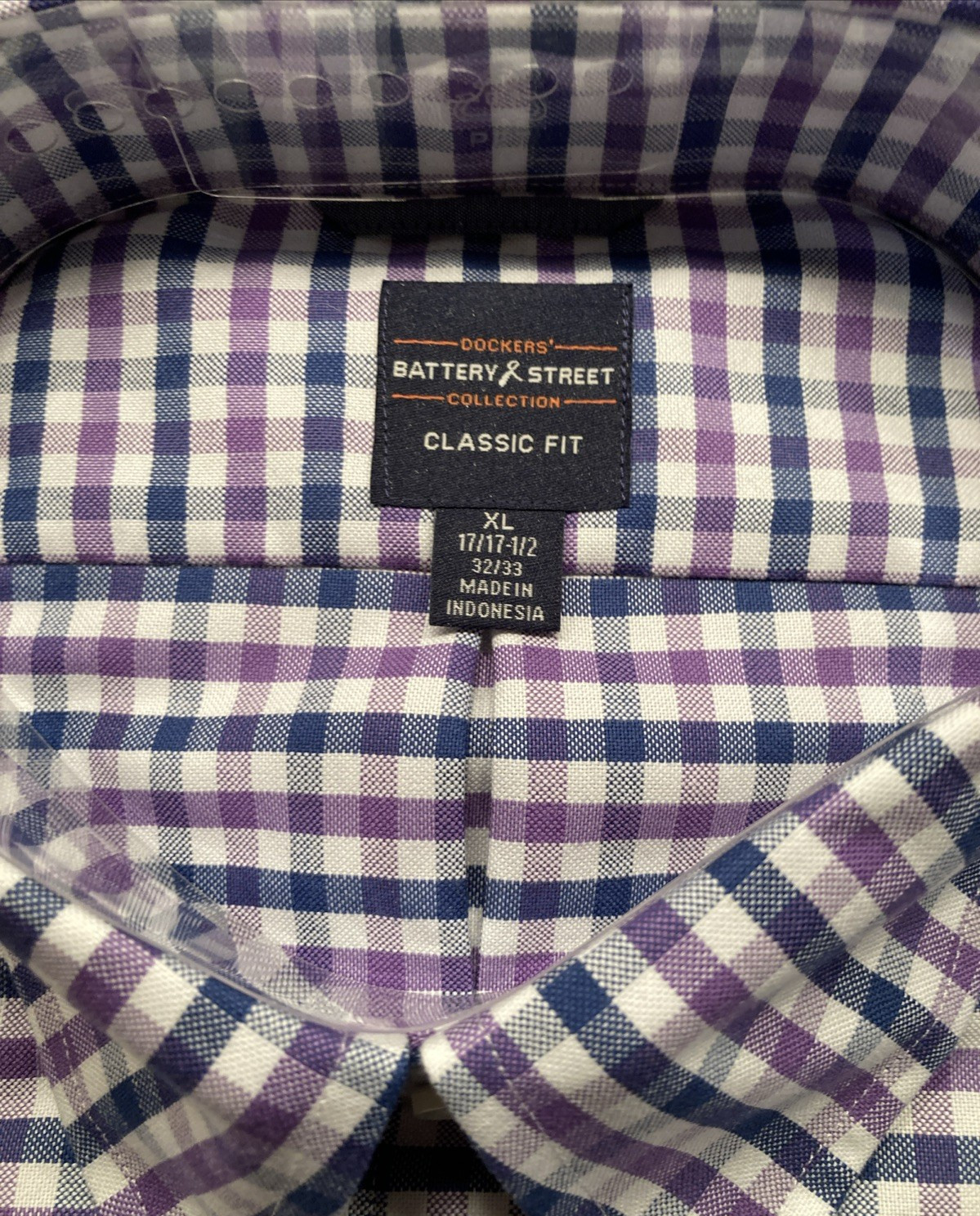 Dockers Battery Street Men’s 17-17.5 32/33 Blue Purple Check NWT gallery