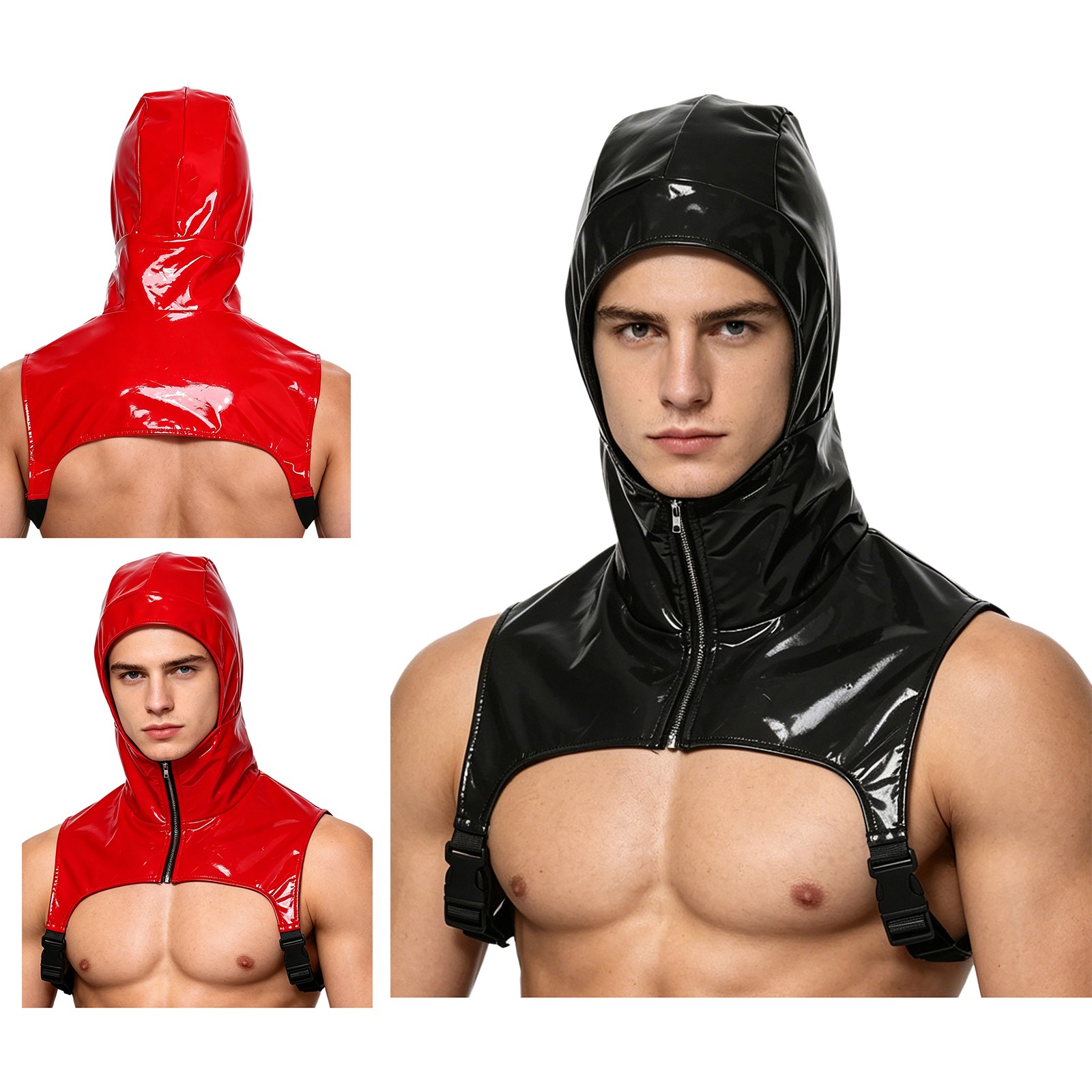 Mens Tank Top Wet Look Vest Hooded Crop Top Chest Muscle Leather Clubwear PU gallery
