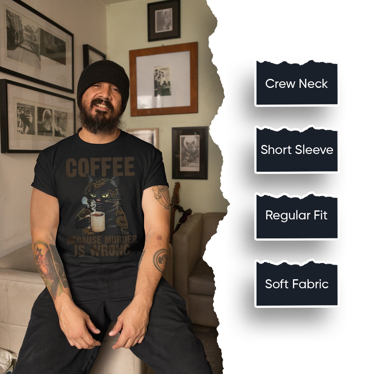 Coffee Because Murder Is Wrong Cat Tatto Gift Mens T-Shirts Tee Top gallery