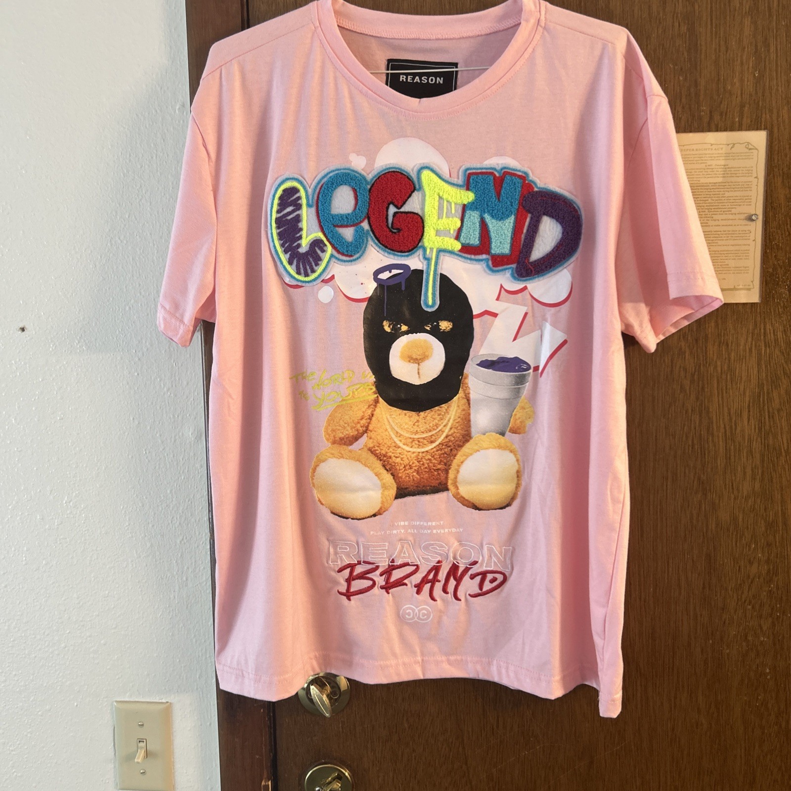 Reason Legend Bear Chenille Men's Tee Crew Neck Short Sleeve Pink XL gallery