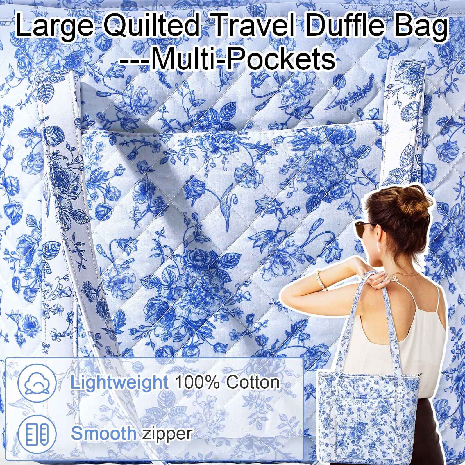 Quilted Tote Bag Large Blue Floral Cotton Shoulder Purse Zipper 12 x 15 Inches gallery