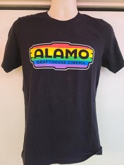 ALAMO DRAFTHOUSE CINEMA poly/cotton RAINBOW Pride black t-shirt SZ Medium NWOT