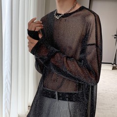 Men Glitter Mesh Top Shiny Sheer Long Sleeve T-shirt Gothic Punk Clubwear Casual