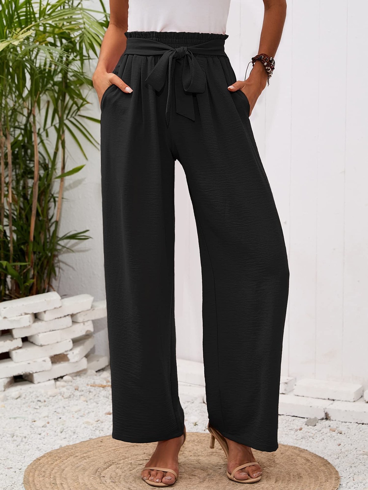 Women's Wide Leg Lounge Pants with Pockets Black XX-Large Lightweight High Wa... gallery