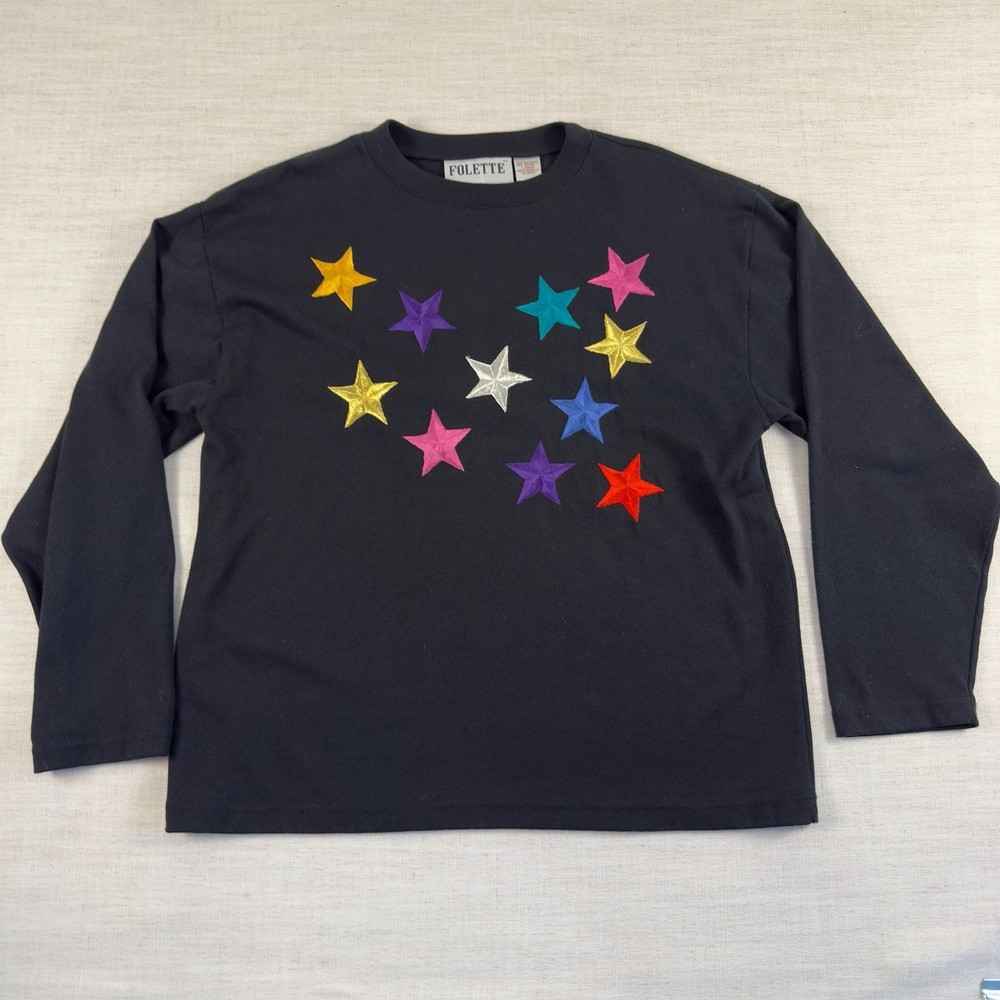Folette Vintage Embroidered Multi-Color Star Long Sleeve Shirt Size Large