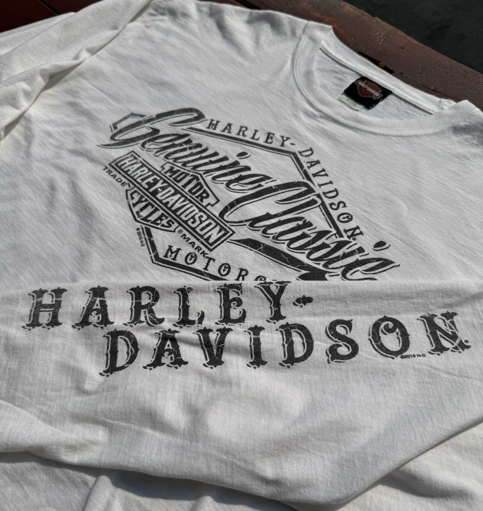 Harley Davidson Oakland CA Long Sleeve Shirt Mens XL White Spell Out Sleeve Bike