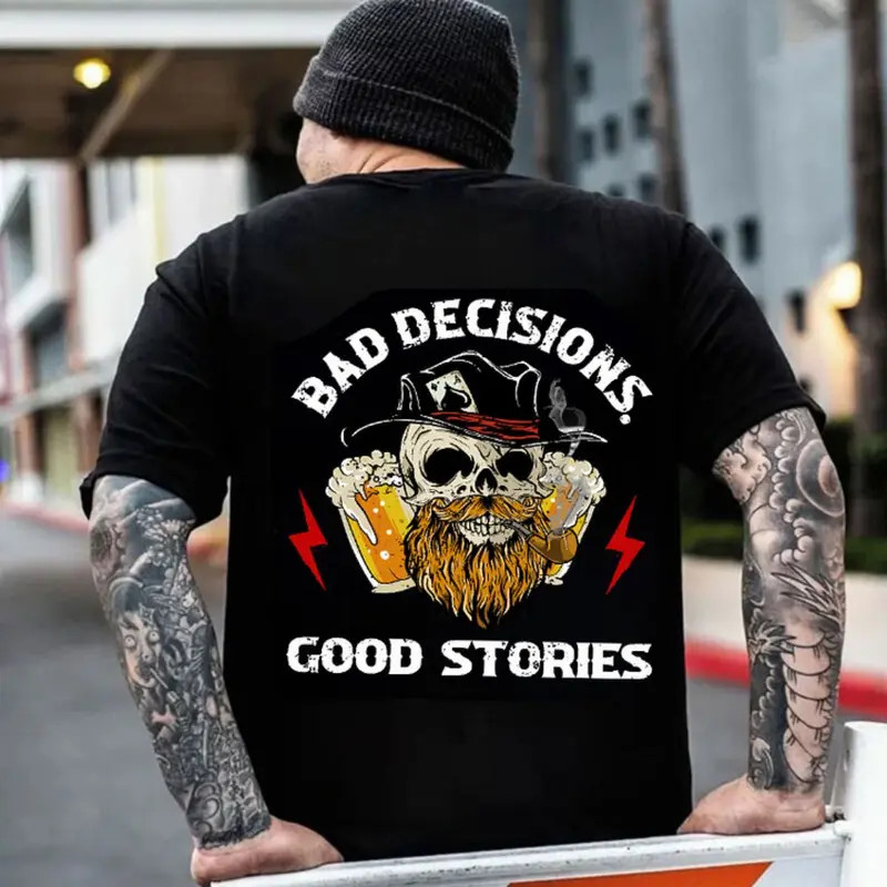 BAD DECISIONS GOOD STORIES Beer Skull Black Print Tee