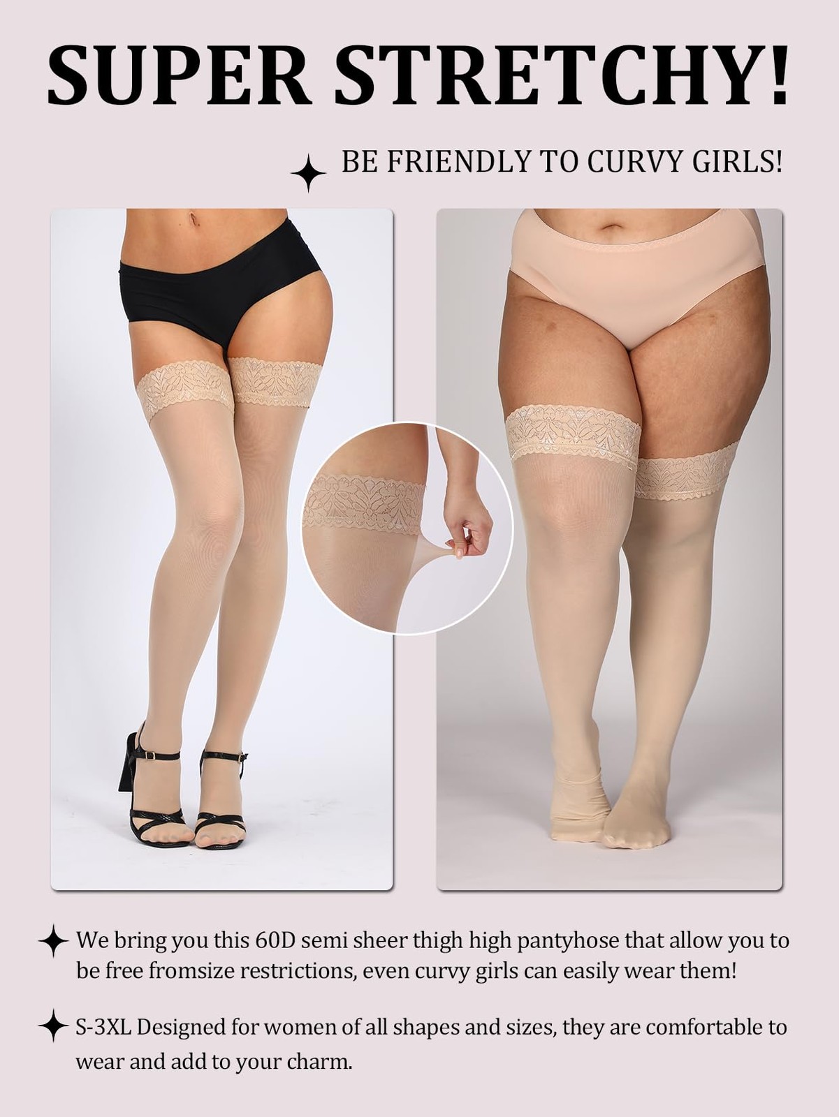 60D Semi Sheer Thigh High Stockings with Lace Top - Women's Lingerie Pantyhose gallery