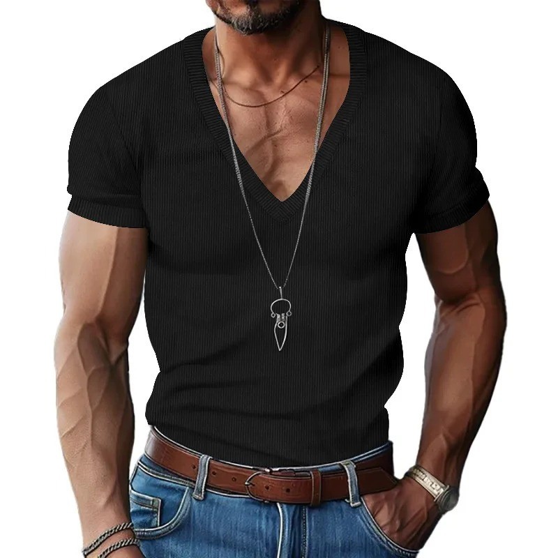 Men Slim Fit Shirts Deep V-Neck short sleeved Casual summer T-Shirt gallery