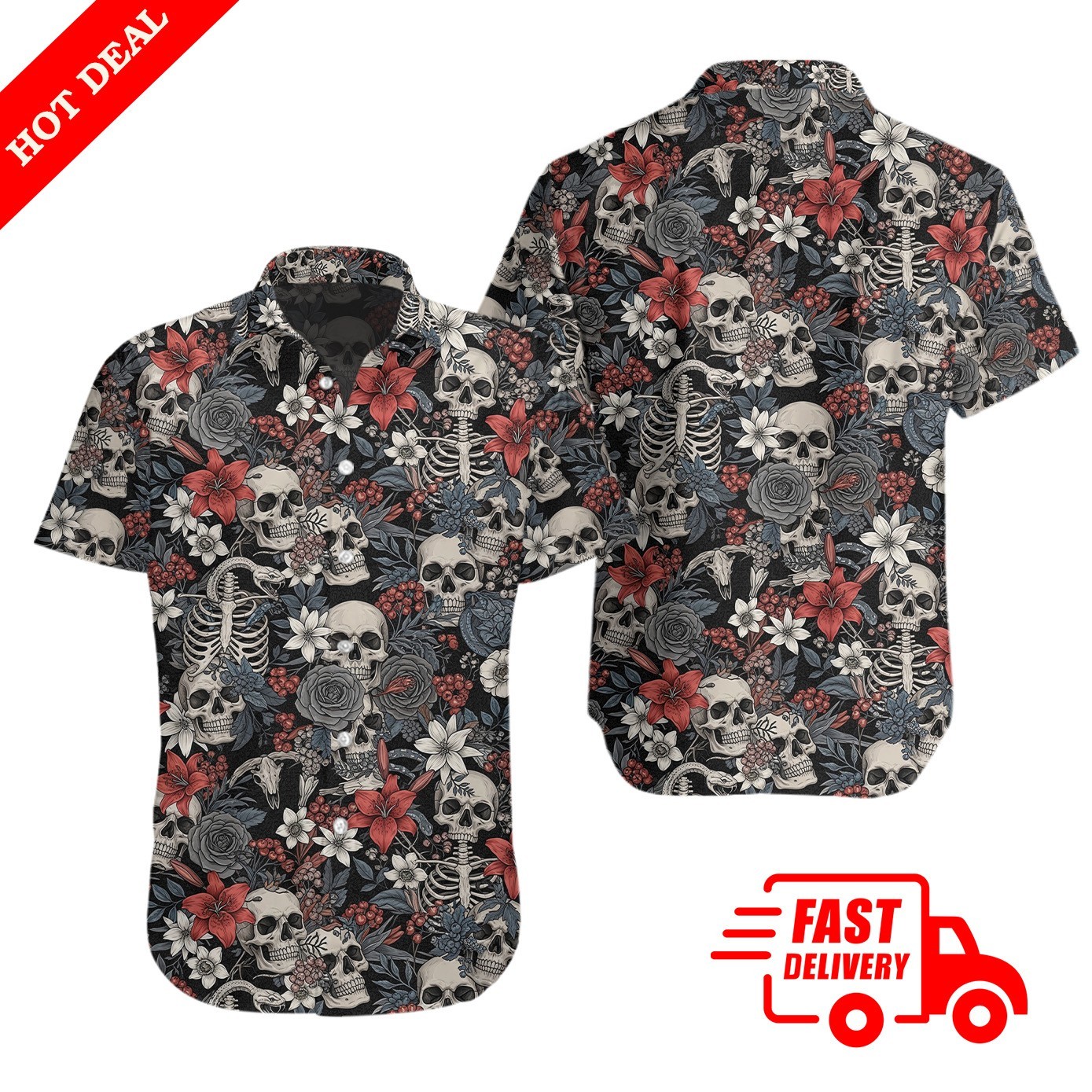 Mens Skull Skeleton Floral Hawaiian Shirt Aloha Button Down Short Sleeve Black gallery