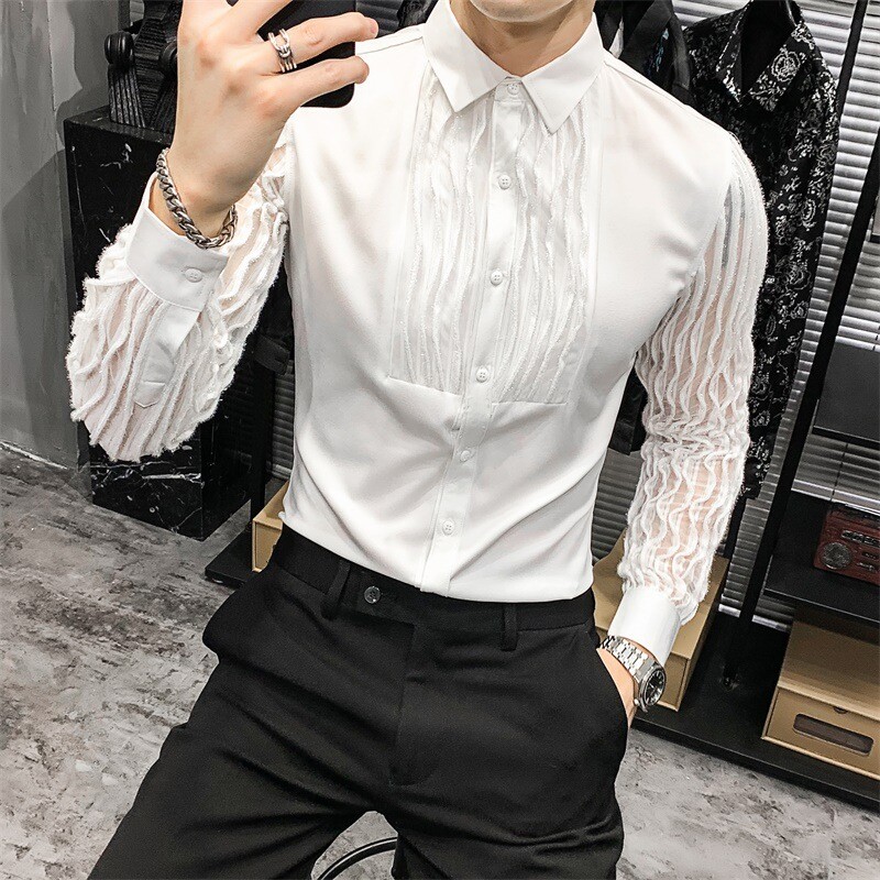 Mens Long Sleeves Hollow Out Lace Shirt Lapel Collar Splice Casual Clubwear Tops